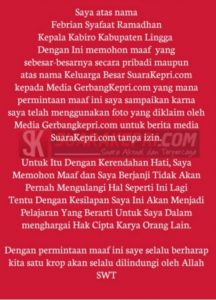 Kepala Biro Lingga Suarakepri.com Sampaikan Permohonan Maaf