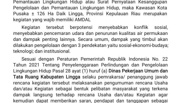 PENGUMUMAN STUDI AMDAL KAWASAN KOTA PUSAKA